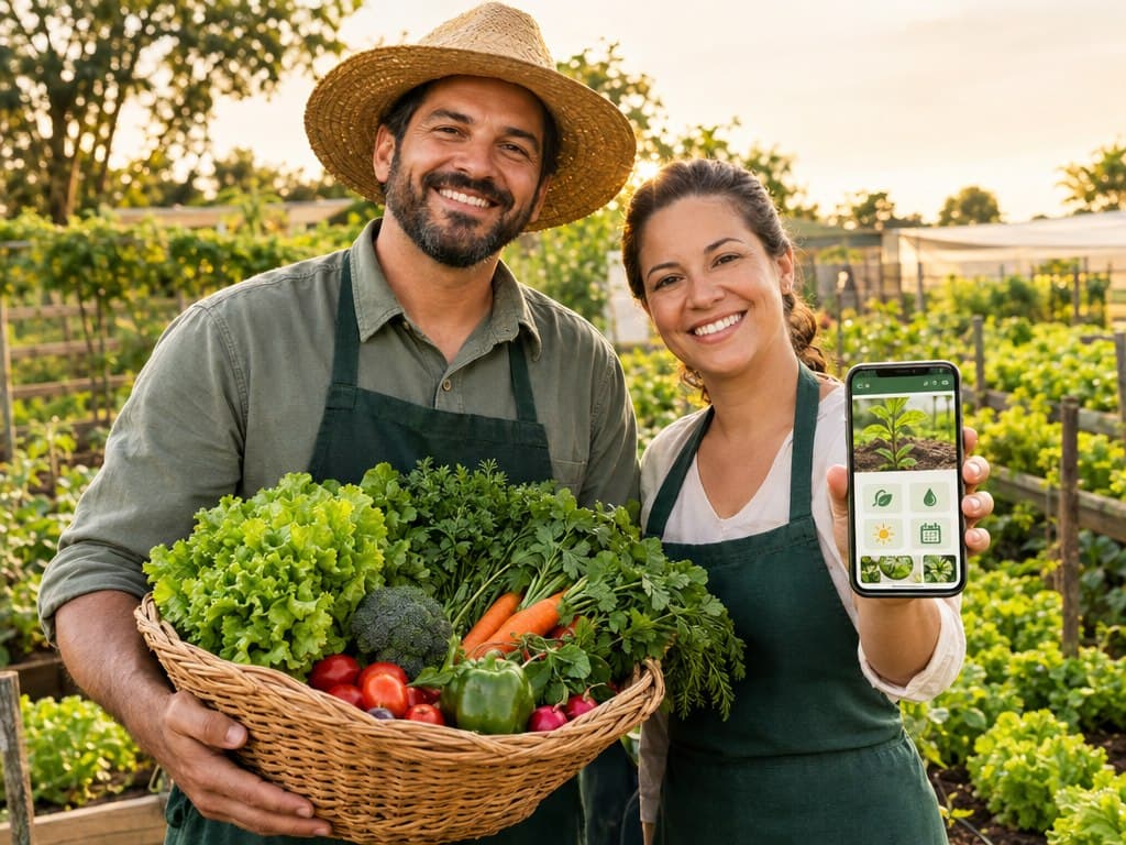 Casal sorridente em uma horta, ele segurando uma cesta de vegetais colhidos e ela mostrando um celular com um aplicativo de jardinagem