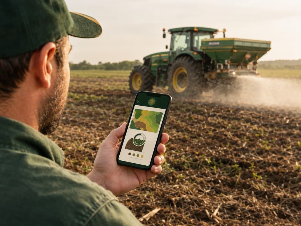 Produtor rural segurando um smartphone com um app de análise de solo, com um trator aplicando calcário ao fundo