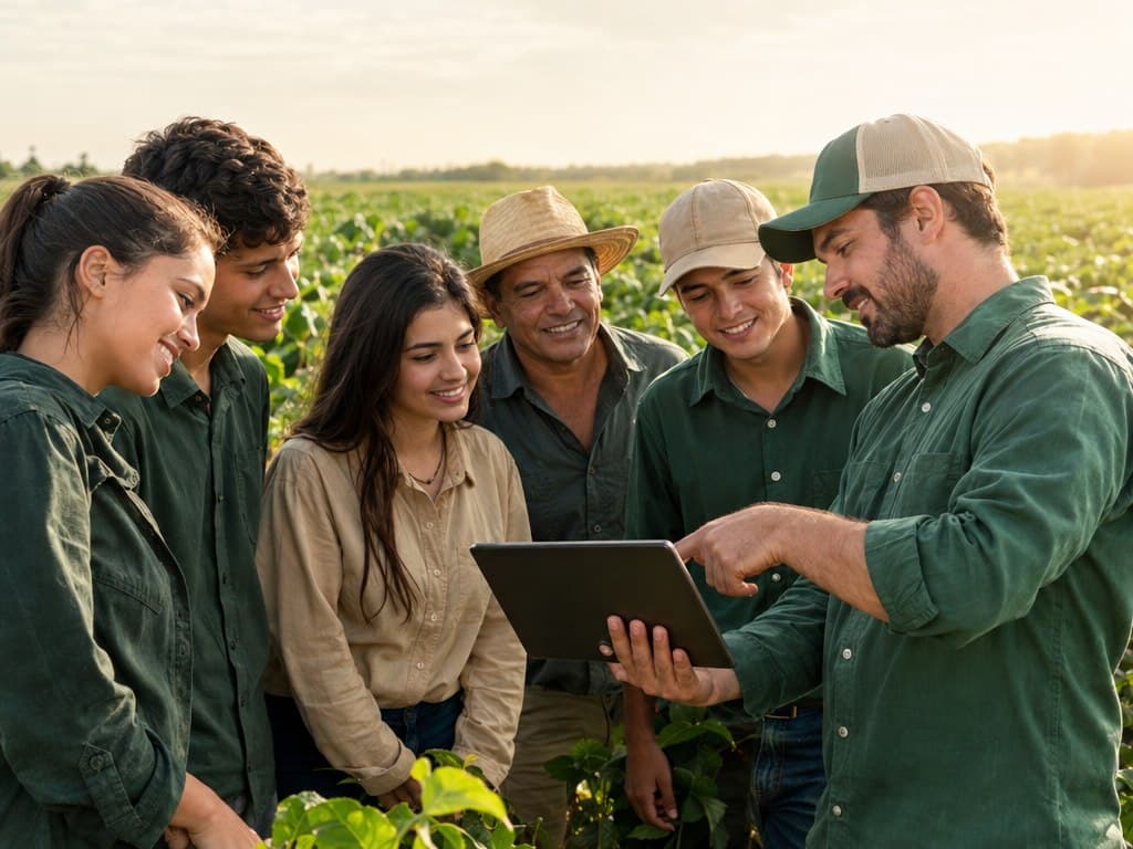 Grupo de estudantes e produtores rurais reunidos em volta de um tablet segurado por um instrutor, em uma plantação ao entardecer