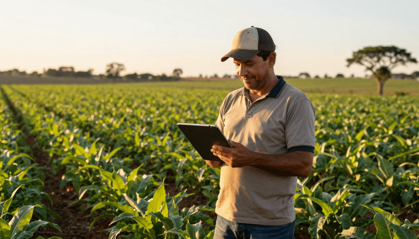 Produtor rural brasileiro sorrindo com um tablet em um campo verde ao pôr do sol