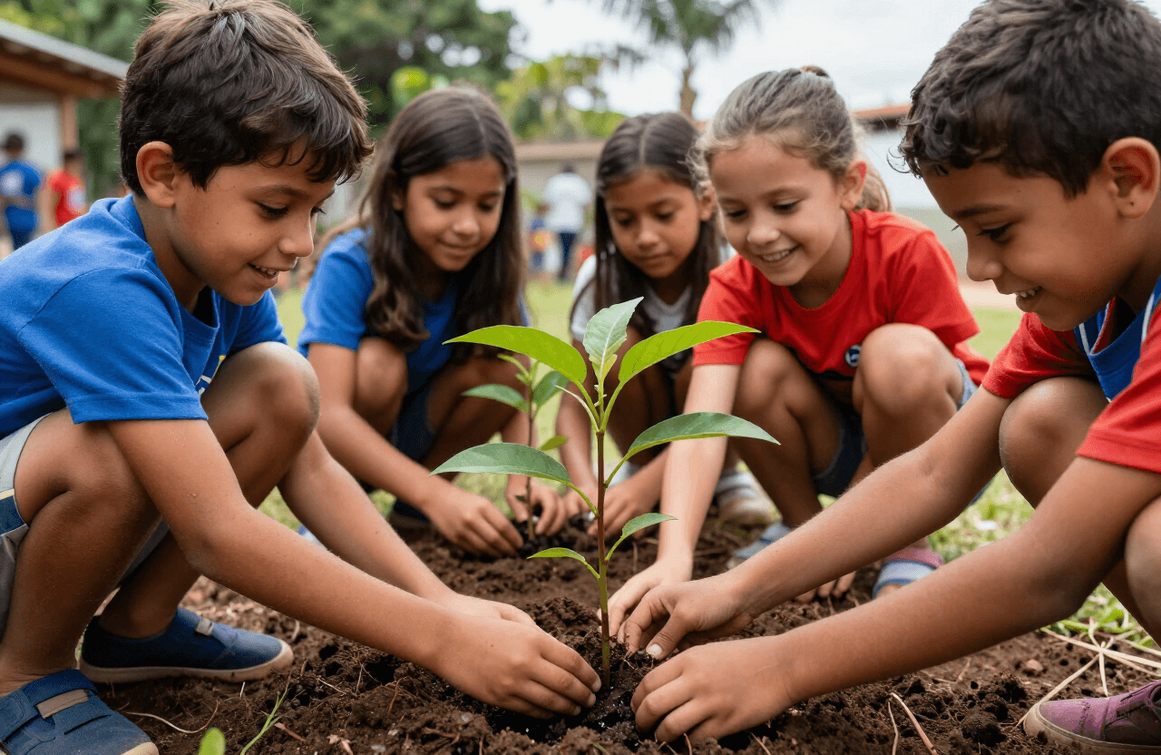 Crianças plantando uma muda de árvore em atividade de educação ambiental
