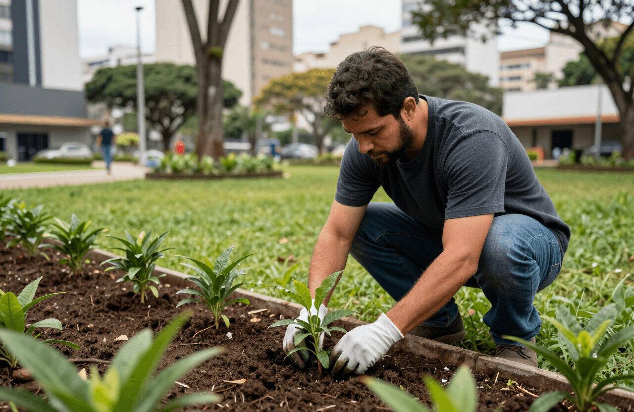 Paisagista plantando mudas nativas em praça urbana verde pela manhã