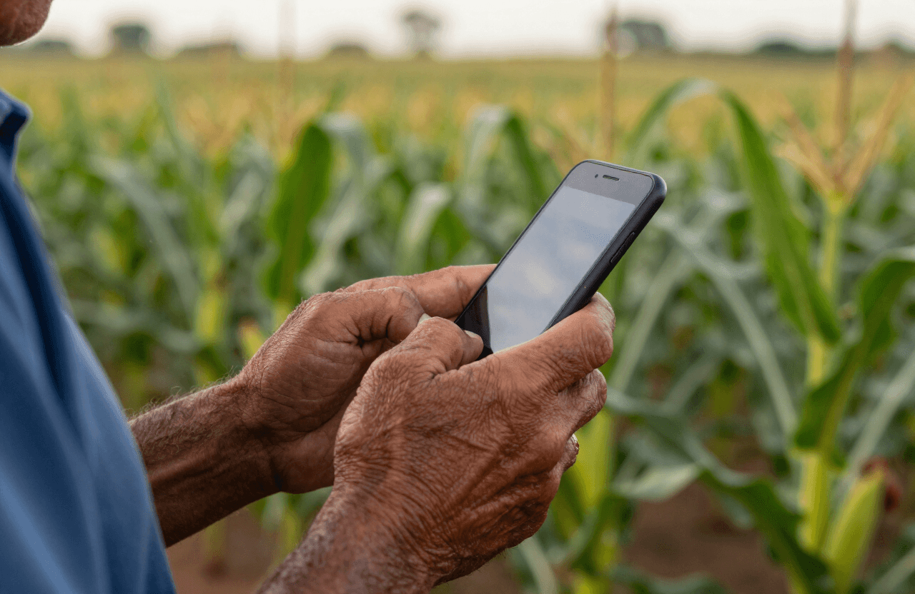 Mãos de produtor rural usando smartphone em meio a uma lavoura verde