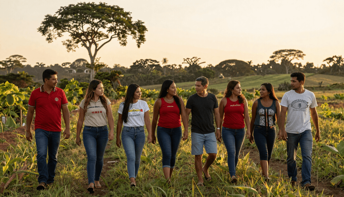 Equipe diversa caminhando e conversando em um campo de agrofloresta ao nascer do sol